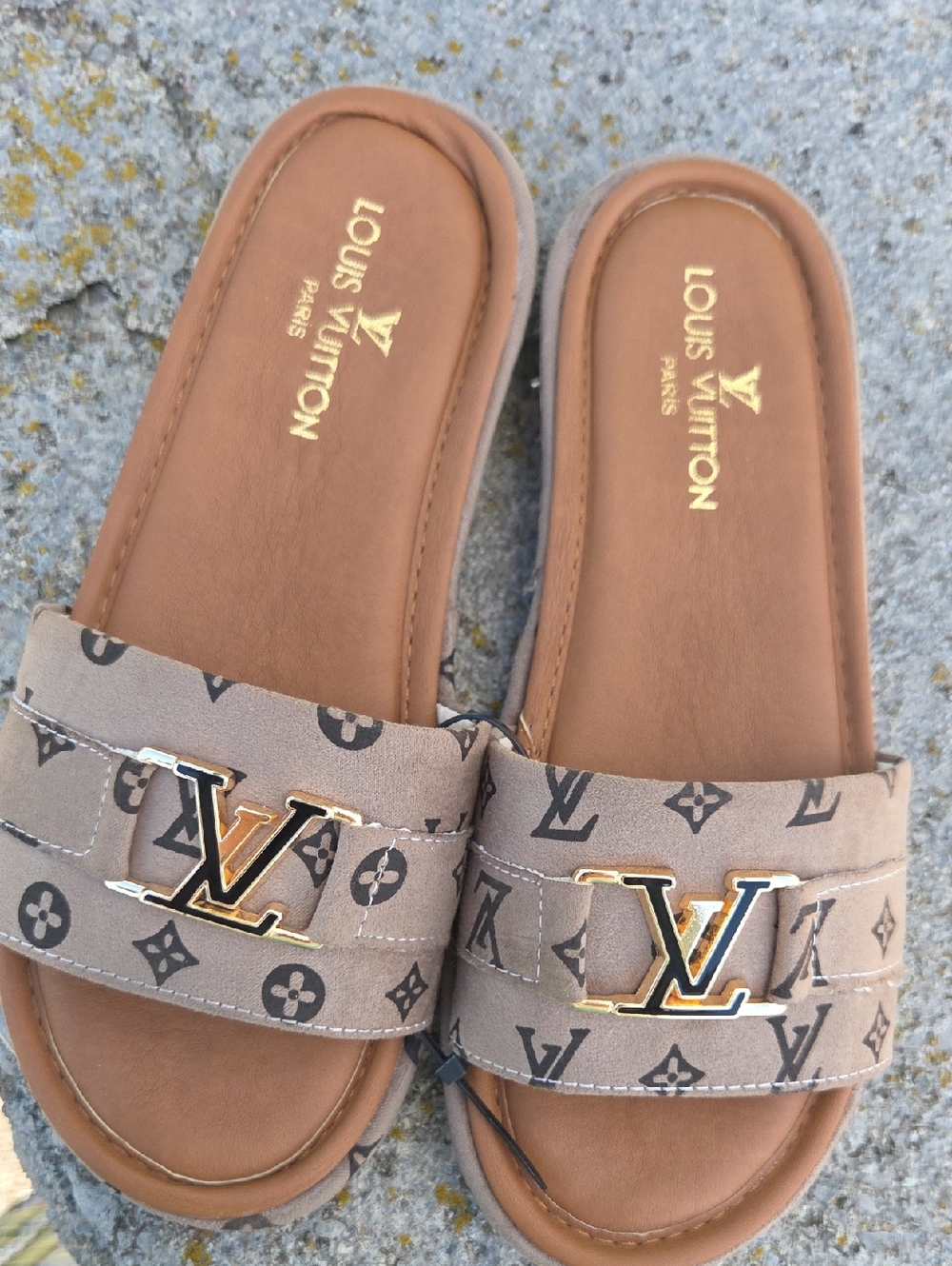 Louis Vuitton Taupe Monogram LV Slide Sandals with Gold Hardware